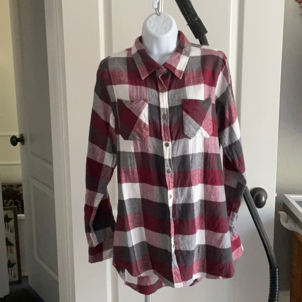 Women's Plaid Button Down Shirt - Red, Black, and White